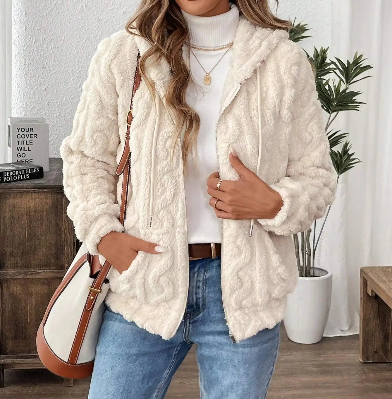 VigoCasey 2025 Women Autumn White Zipper Jacket White Long Sleeve Thick Plush Warm Coat Loose Winter Soft Lady Short Hooded Coat