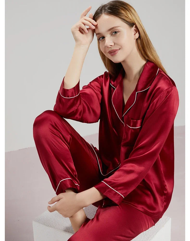 19MM 100% Mulberry Silk Pajamas Women   TrousersTwo-piece Loose   Home Clothes Spring Summer Silk Sleepwear Lady