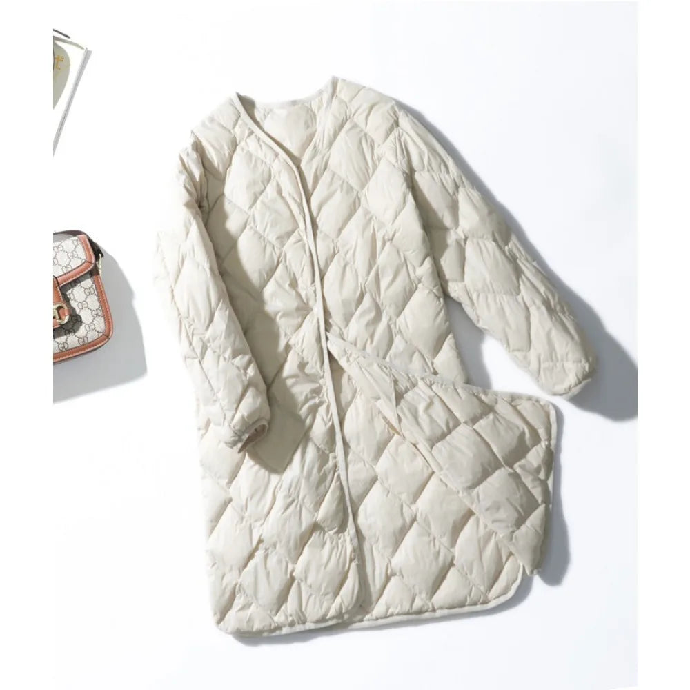 2025 New Warm O-neck Thin Parkas Fashion Outerwear Winter Women Long Ultra Light Puffer Jacket 90% White Duck Down Coat Female