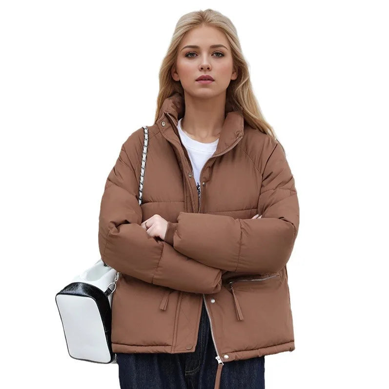Women's Winter Puffer Coat Stand Collar Zipper Fly Pockets Loose Fit Quilted Coat For Female Thickened Lady's Thermal Coat