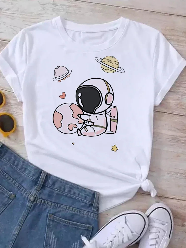 Women Moon Planet Print Fashion Tee Shirts Casual Round Neck Short Sleeve Streetwear Female T-Shirt Vintage Tops