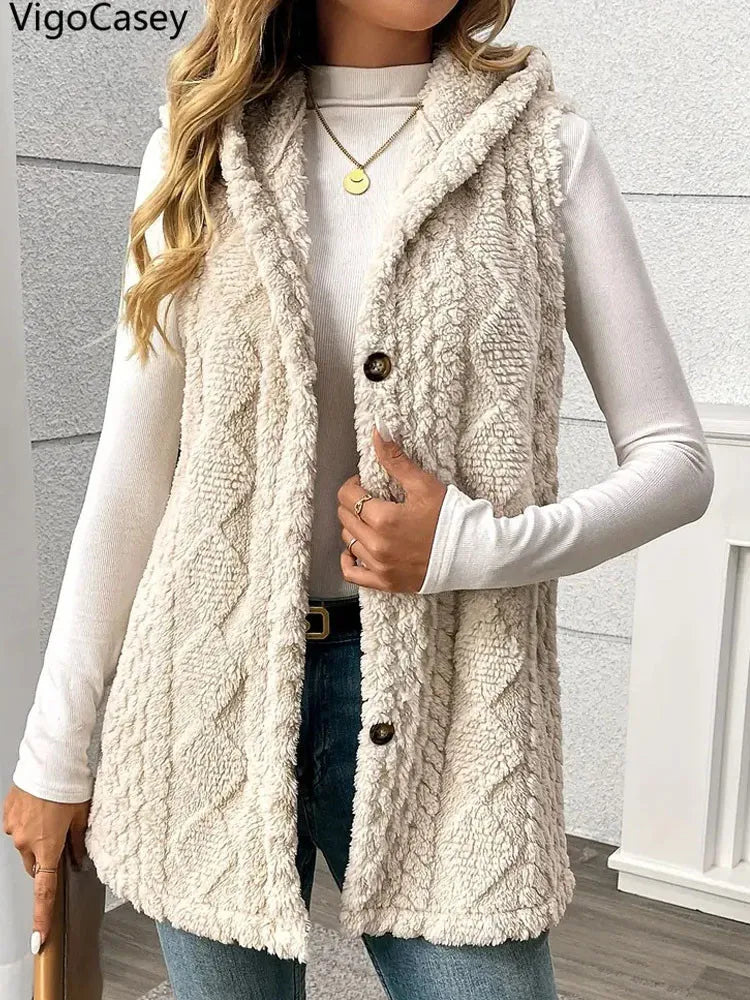 VigoCasey 2025 Casual Sleeveless Thick Vest Coat Woman Solid Hooded Warm Plush Waistcoat Lady Autumn Winter Apricot Vest Jacket