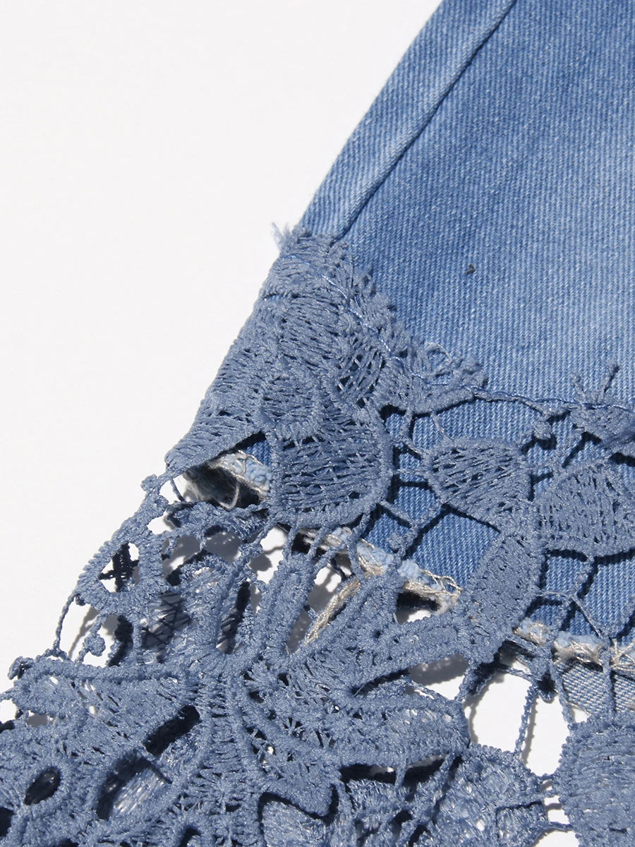 VGH Solid Slimming Hollow Out Temperament Denim Pants For Women High Waist Spliced Button Temperament Trousers Female Fashion