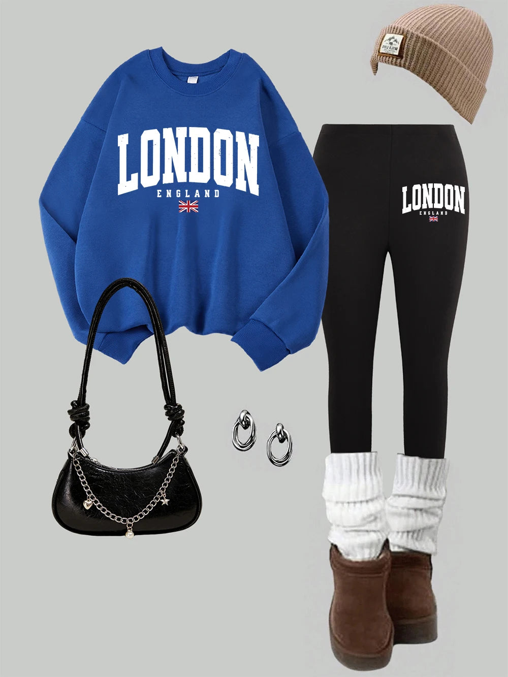 2 Piece Womens London England Flag Printing Sweatshirts Leggings Set Street Fleece Thermal Hoodie Pants Winter Womans Clothes