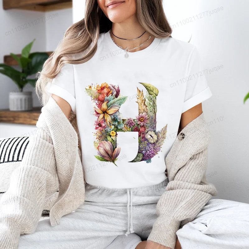 Women's T-Shirt Leisure Fashion Short Sleeve Tees Watercolor Botanical Flower Letter A~Z Print T-shirt Summer Streetwear Y2k Top