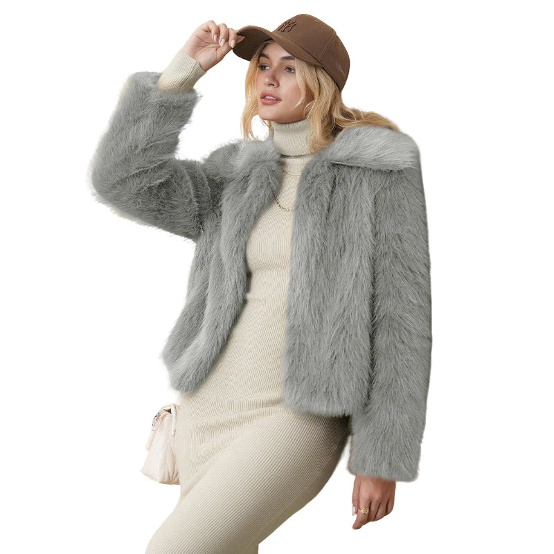 Fashion Vintge Women's Faux Fur Coat Turn-Down Collar Classic Overcoats Basic Fluffy Fox Jackets Lady Elegant Overcoats