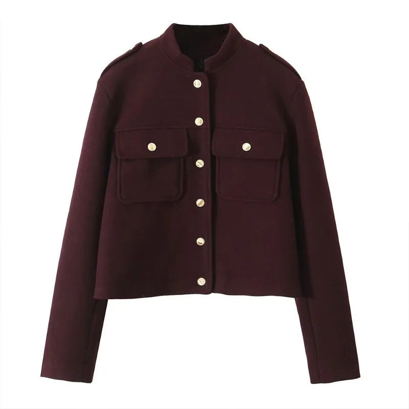 Women's Retro Wine Red Cropped Jacket Stand Collar Long Sleeve Buttoned Epaulettes Patch Pocket Coat Fall Winter New Jacket