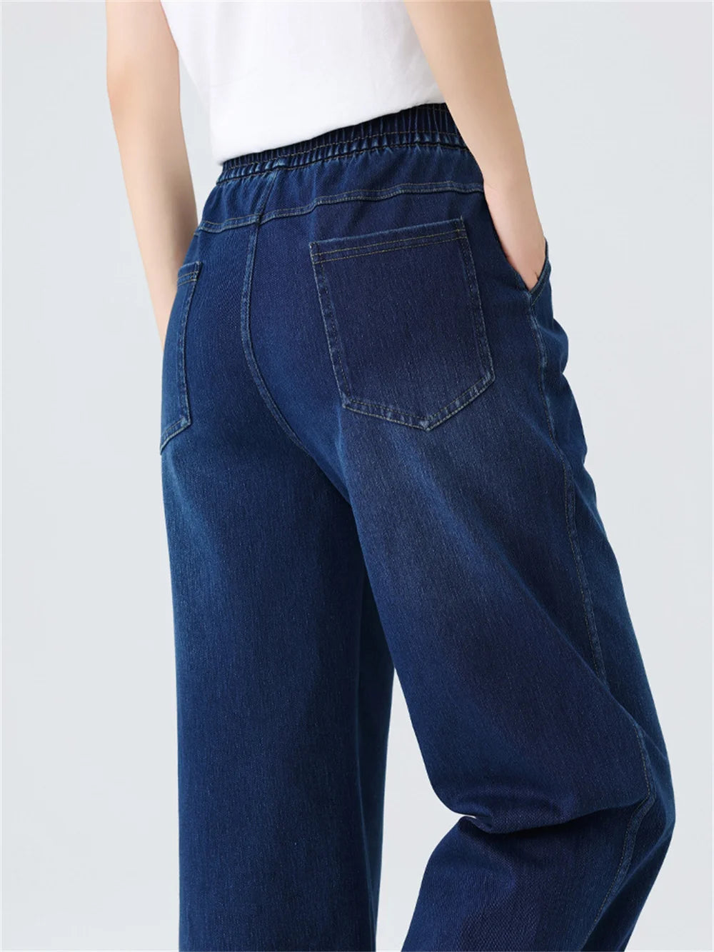 Wide Leg Jeans Woman High Waist Pull On Baggy  Stretchy Jean Pants Straight Leg Denim Pants Elastic Waist