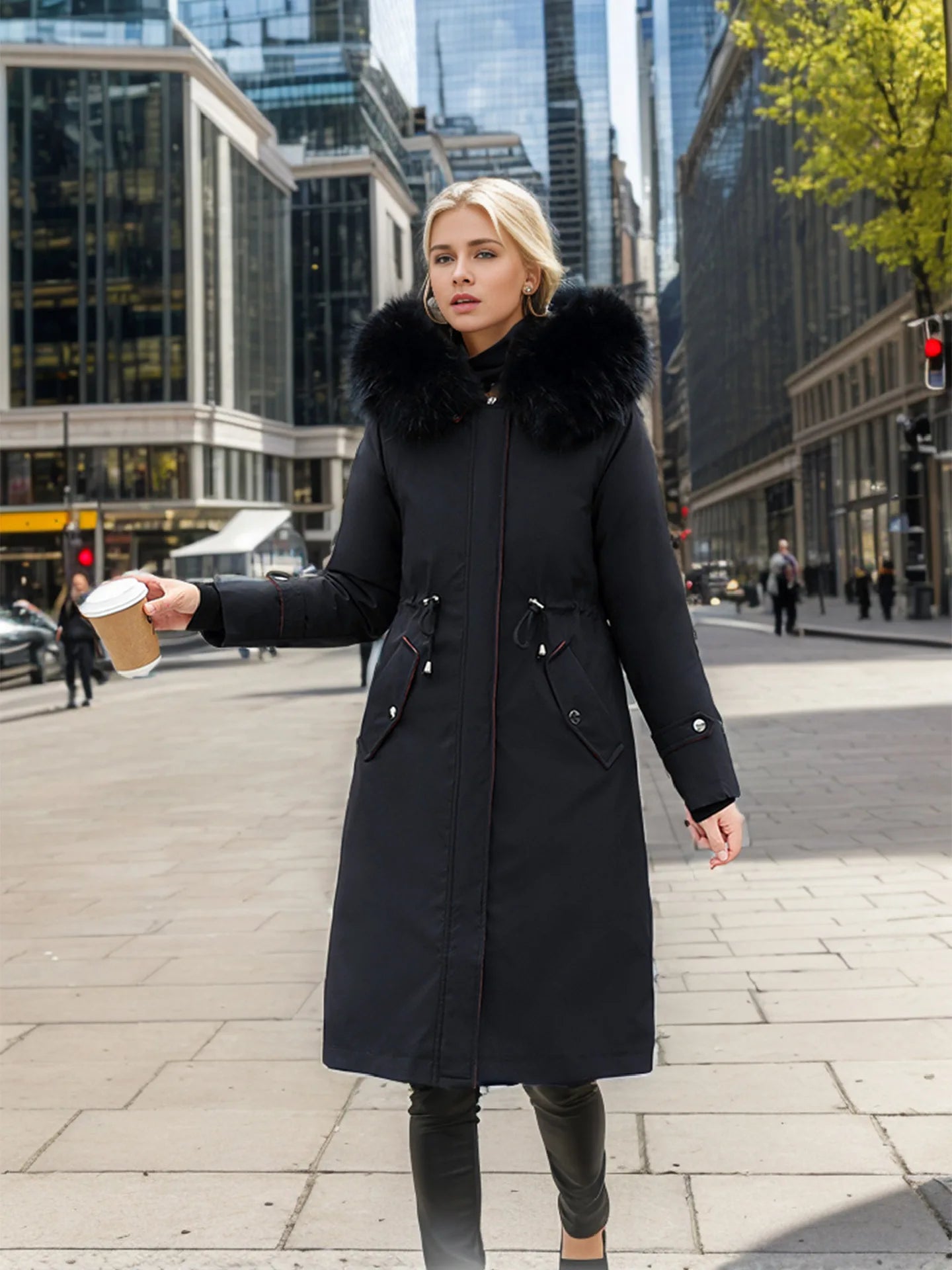 Lady's Winter Parka Coat Solid Color Detachable Faux Fur Trim Slim Fit Female's Padded Coat Thermal Longline Coat For Women