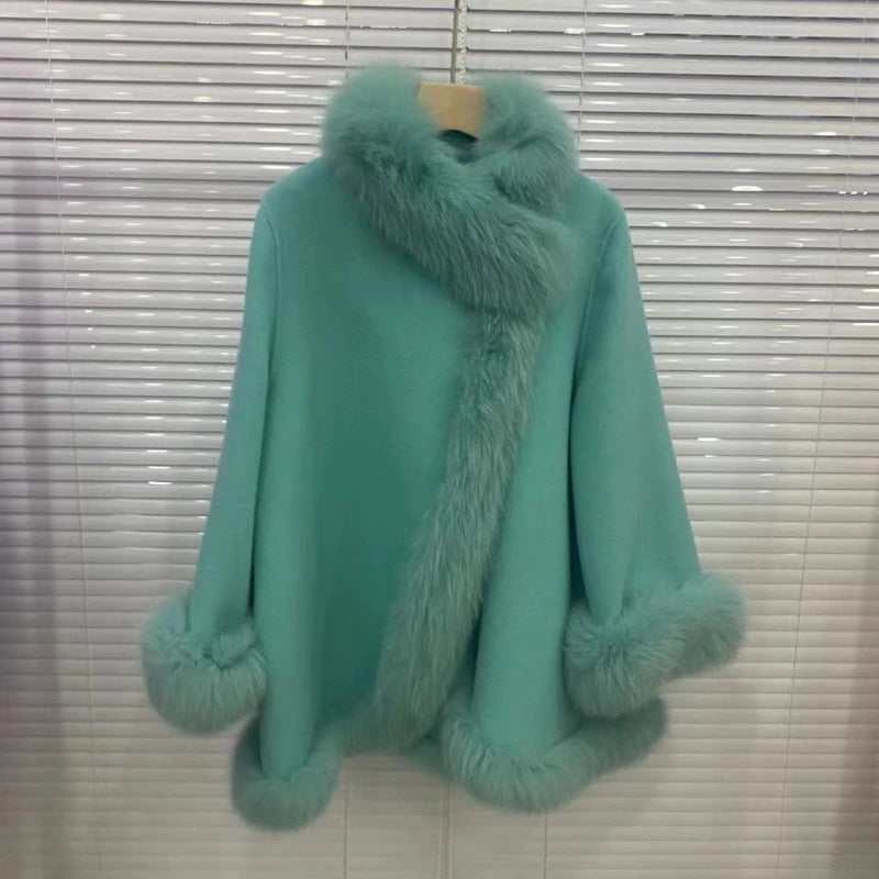 2025 Real Fur Coat Winter Jacket Women Natural Fox Fur Collar Warm Cashmere Wool Woolen Ladies Outerwear Streetwear Fashion