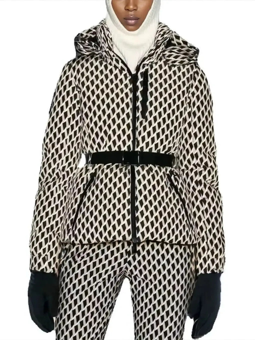 Women's Winter Hooded High Waist Padded Sport Parkas Coats with Belt Female Elegant Thick Warm Pockets Windproof Skiing Jackets