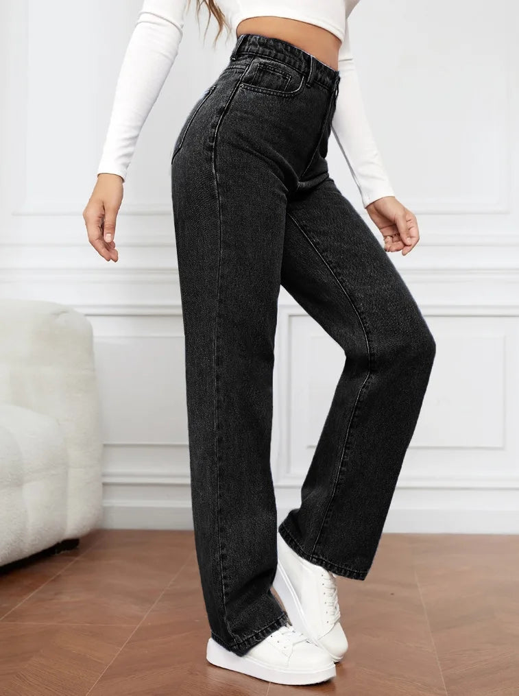 2025 new European and American high-waisted water-washed women's jeans long fashionable and versatile straight-leg pants