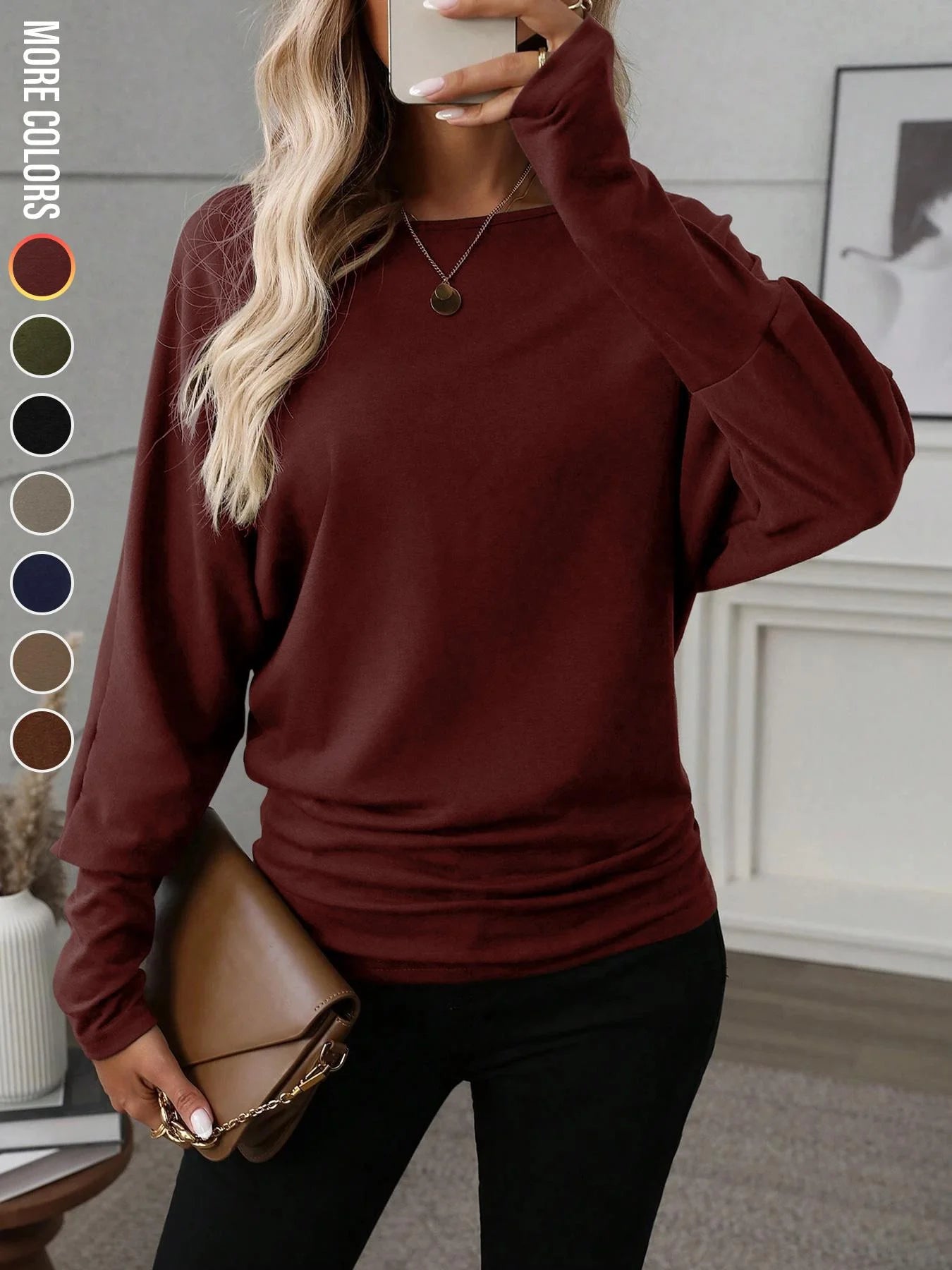 Women's Batwing Sleeve Solid Color T-Shirt, Elastic Long Sleeve Top, Casual Fashion Warm Base Layer, Perfect for Daily Wear & Pa
