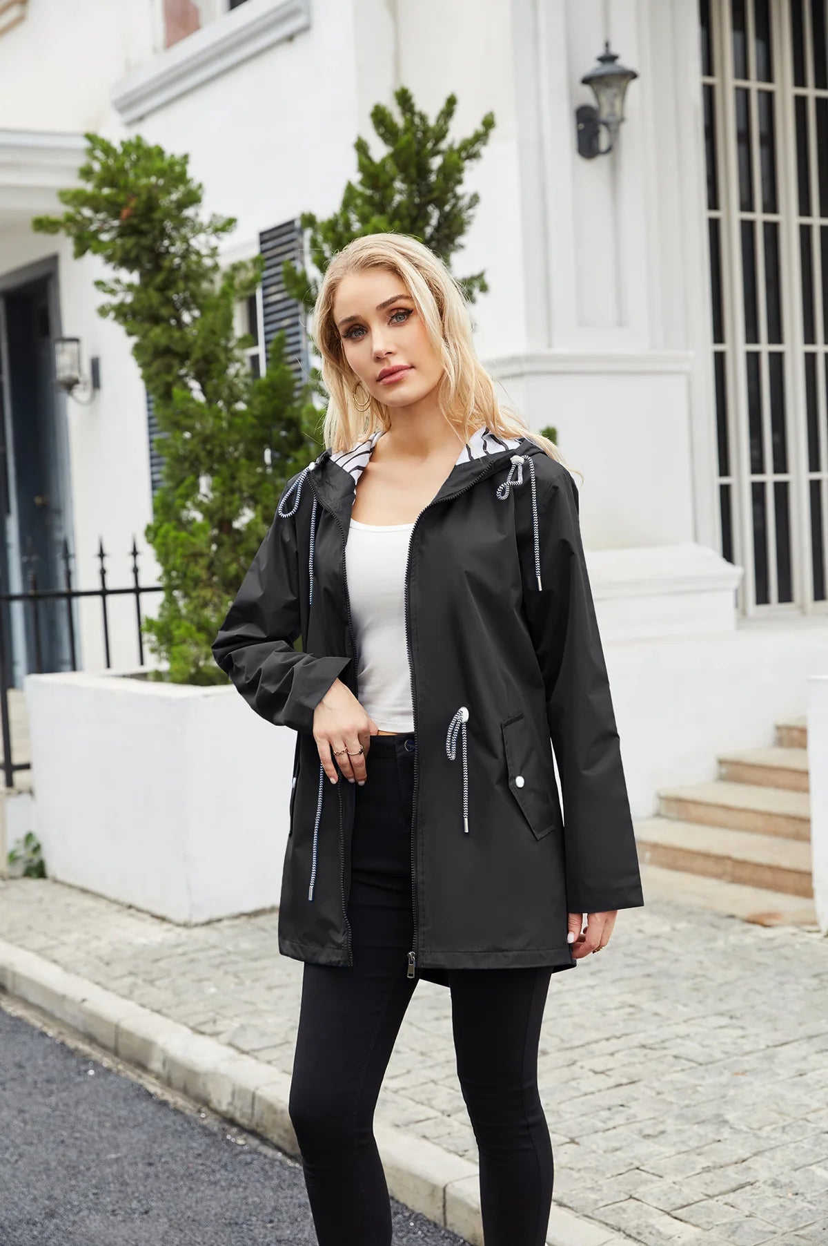 Red Waterproof Hooded Jacket, Women Fashion Casual Coat, Waist Drawstring Tie Zipper Switch Blue Green Yellow Black Windbreaker