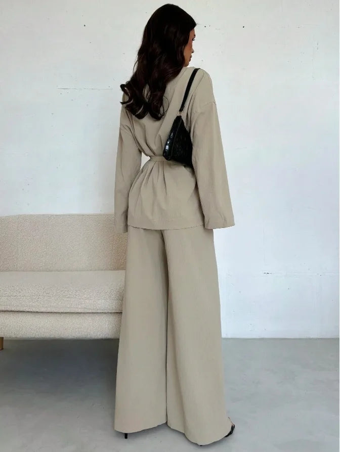 2025 Autumn Winter European American Fashion V-neck Women's Temperament Long-sleeved Elegant Wide-leg Pants Set