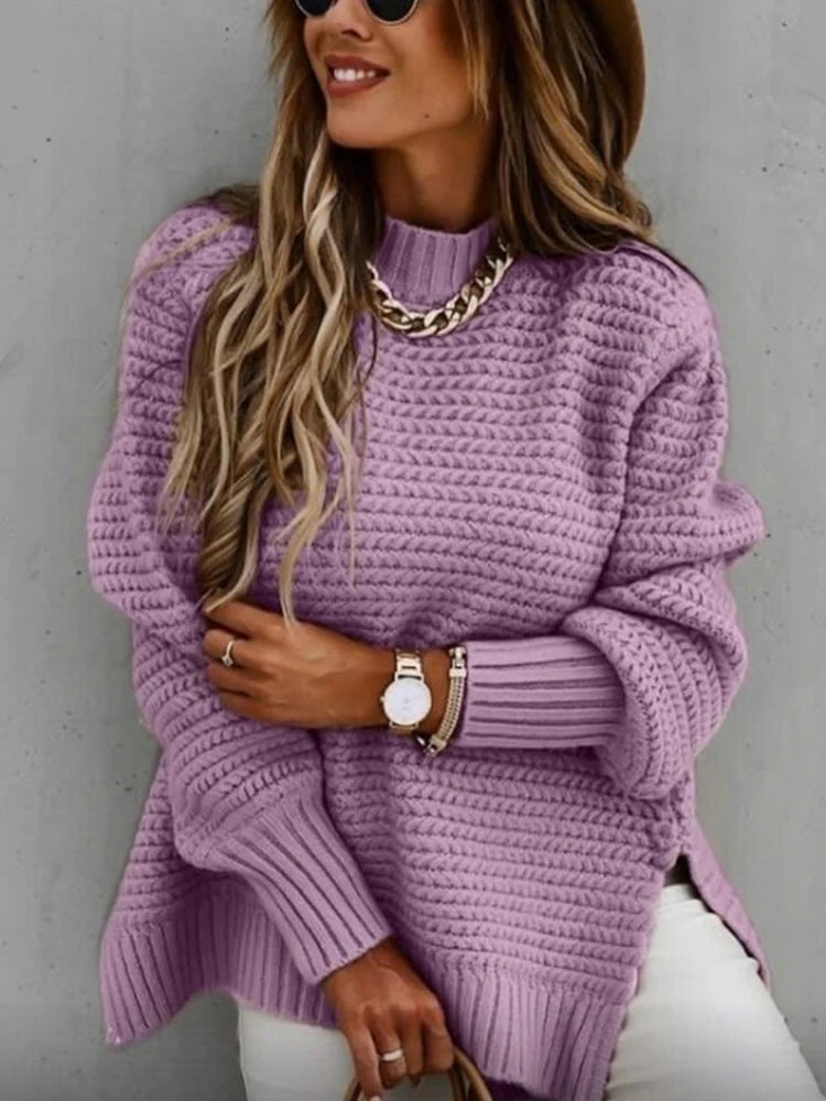 2025 New Loose Split Knitted Long Sleeve Thick Sweater Half High Neck Korean Fashion Pullover Autumn Winter Black Women Clothes