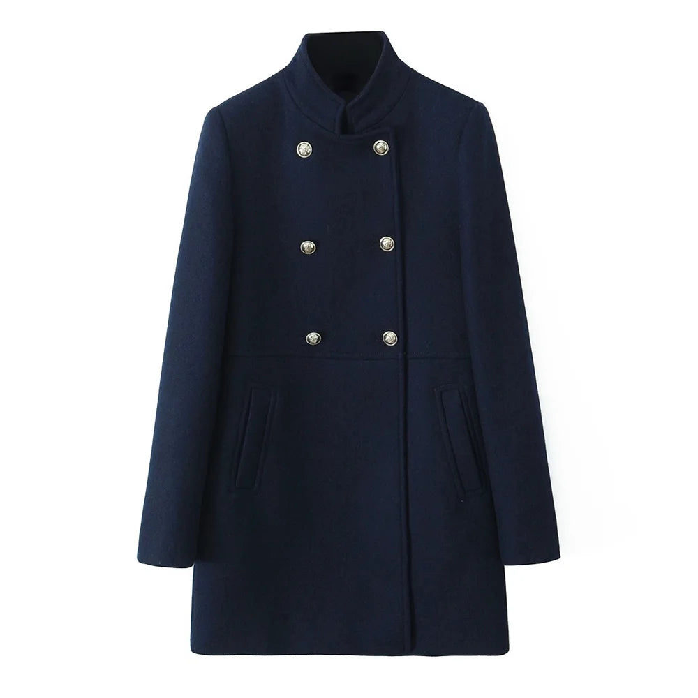 gold button up stand up collar solid color coat for autumn and winter, new double breasted jacket for women