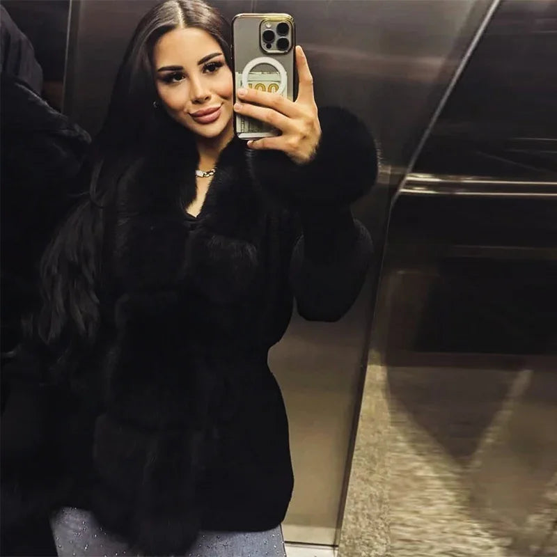 Chic Knitted Faux Fur Patchwork Women's Coat Thicken Warm Lady Coats 2025 Autumn Winter Chic Female Street Outerwears