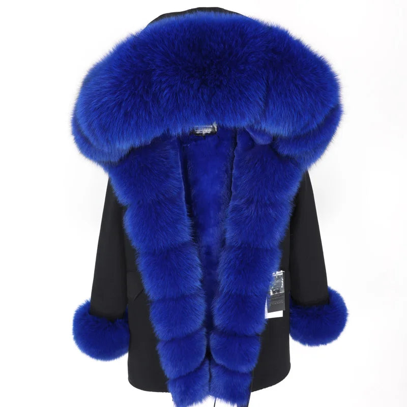 MaoMaoKong Natural Real Fox Fur Jacket Hooded Black Waterproof Woman Winter Warm Coat Parkas Luxury Jacket Female Clothing
