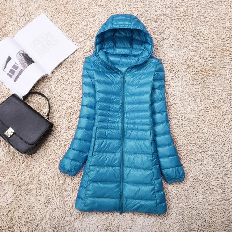 Plus Size White Duck Down Jacket Light-weight Down Jacket Women Inner Cloth Coat Ladies Long Winter Hat Hooded Femal
