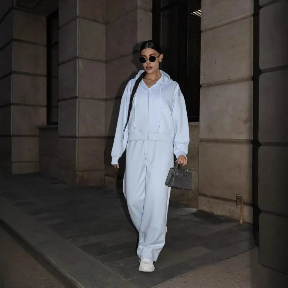 2025 Woman 2 Piece Set Outfit Sports Suit Long-sleeved Zipper Cardigan Hooded Sweatshirt Lace-up Trousers Two-piece Set Trendy