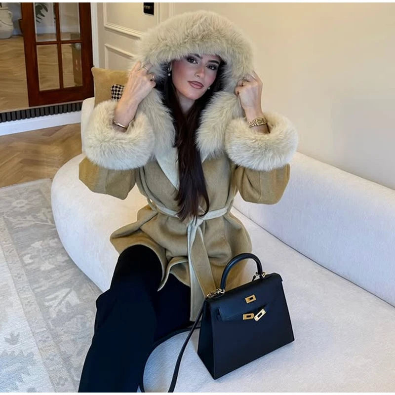 Elegant Women's Faux Fur Hoody Coat Furry Patchwork Lace Up Full Sleeve Female Jacket 2025 Autumn Winter New Lady Warm Outerwear