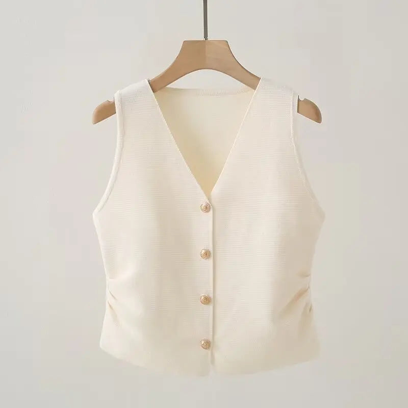 Womens Gold Button Front Vest V-Neck Ruched Waist Sleeveless Knit Jacket Casual Chic Spring Summer 2025 Trendy Outfit
