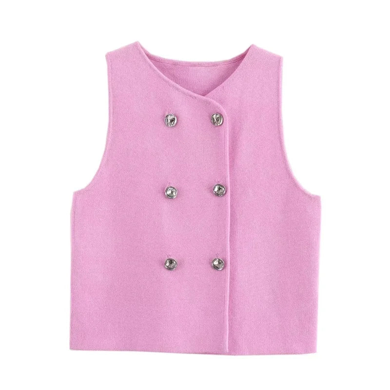 MUJER Knit Sleeveless Vest Woman Fashion Pink Knitted Cropped Vest Women Double Breasted Summer Vest Top Women New In Short Coat