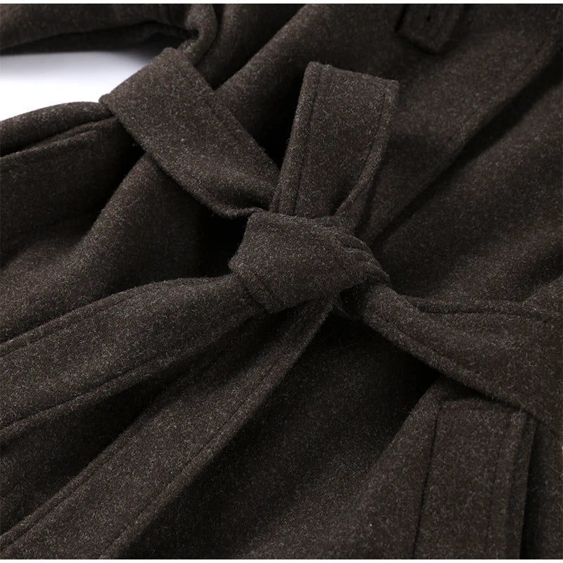 Elegant Grey Belt Long Faux Wollen Coat Women Lapel Double Breasted Street Coats Female 2025 Autumn Winter New Lady Peacoat