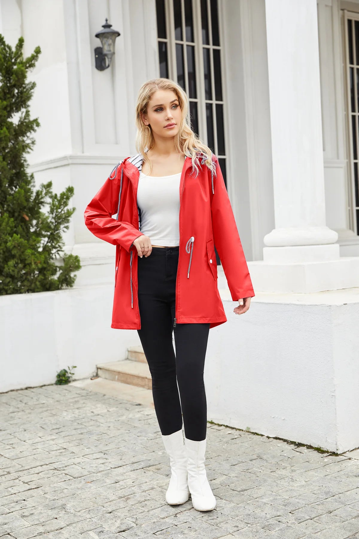 Red Waterproof Hooded Jacket, Women Fashion Casual Coat, Waist Drawstring Tie Zipper Switch Blue Green Yellow Black Windbreaker