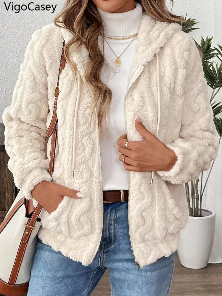 VigoCasey 2025 Women Autumn White Zipper Jacket White Long Sleeve Thick Plush Warm Coat Loose Winter Soft Lady Short Hooded Coat
