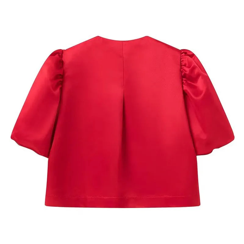 Women's casual satin shirt with puff sleeves, round neck, loose fit and short length, elegant and plain, for spring/summer.