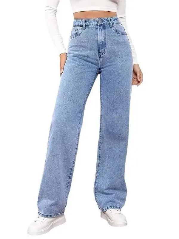 High Waist Loose Fit plus Size Denim Jeans Women's Commuter Straight Leg Pants Casual Sle Polyester Fiber