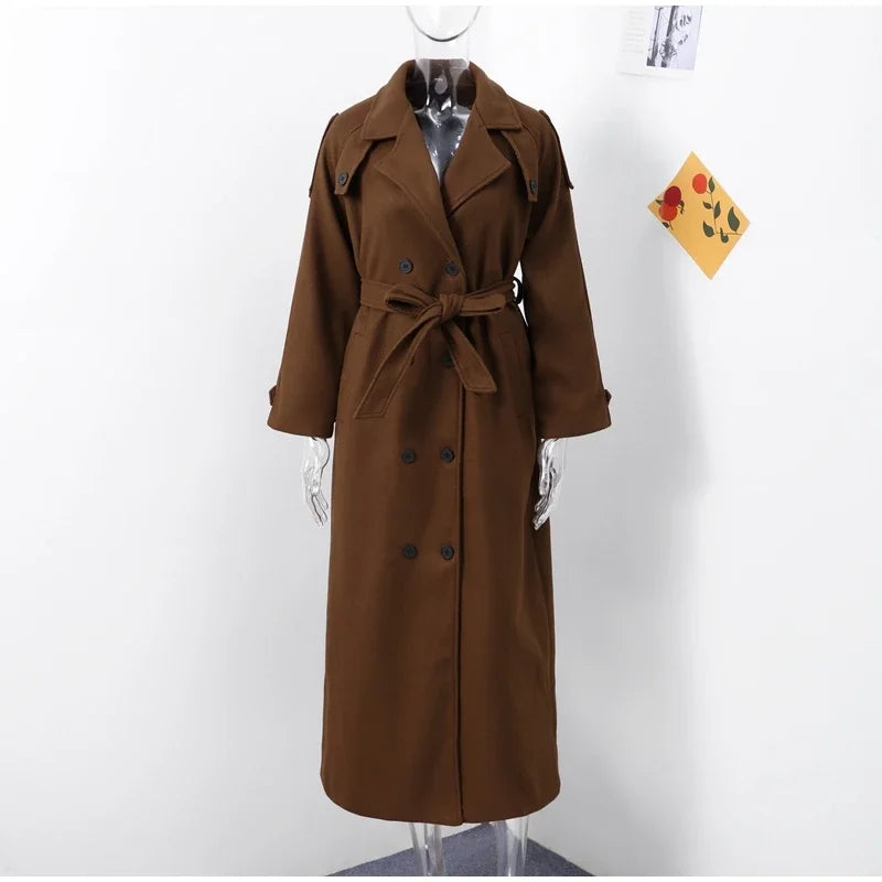 Elegant Grey Belt Long Faux Wollen Coat Women Lapel Double Breasted Street Coats Female 2025 Autumn Winter New Lady Peacoat