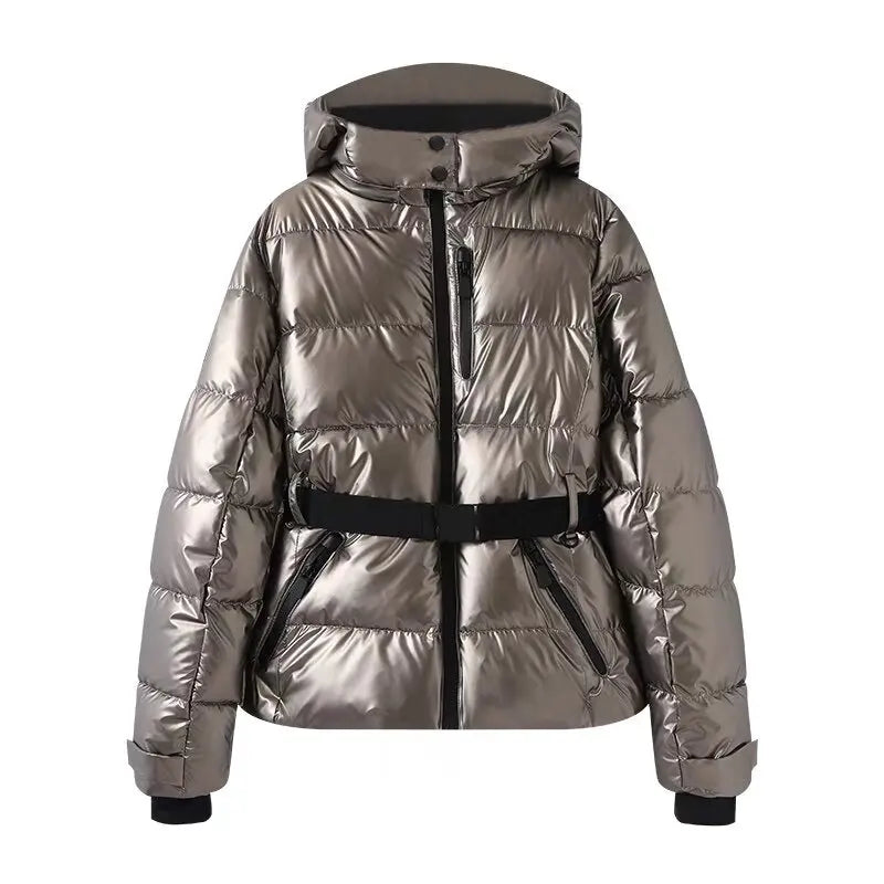 Women's Winter Hooded High Waist Padded Sport Parkas Coats with Belt Female Elegant Thick Warm Pockets Windproof Skiing Jackets