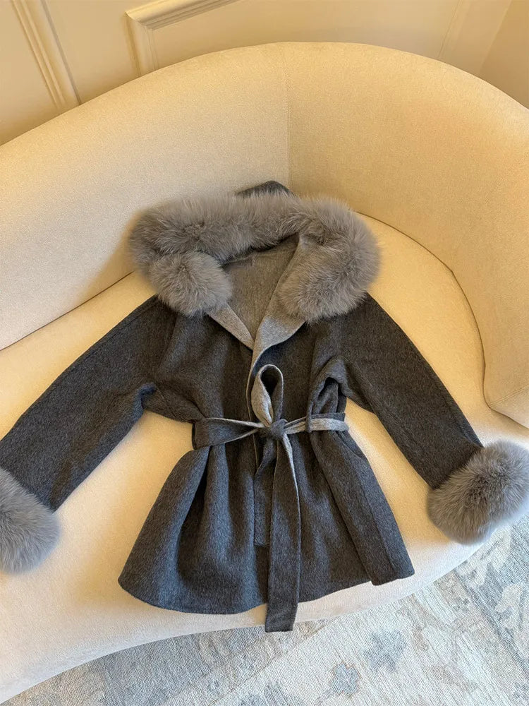 Elegant Women's Faux Fur Hoody Coat Furry Patchwork Lace Up Full Sleeve Female Jacket 2025 Autumn Winter New Lady Warm Outerwear