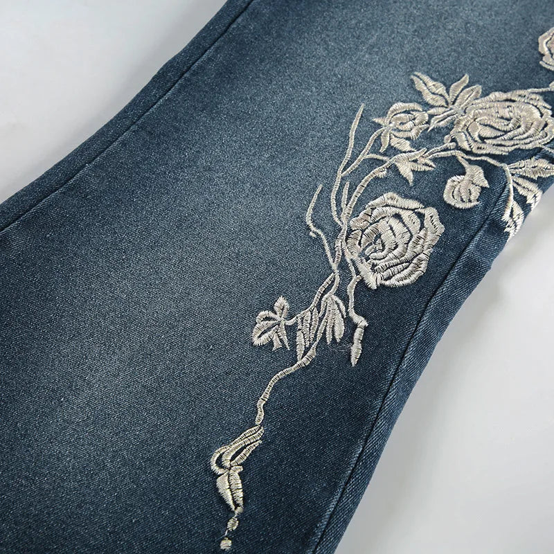 Flare Pants Jeans Women Embroidery Boot Cut Low Waist Washed Distressed Pockets Floor Length Streetwear 2025 Denim Trousers