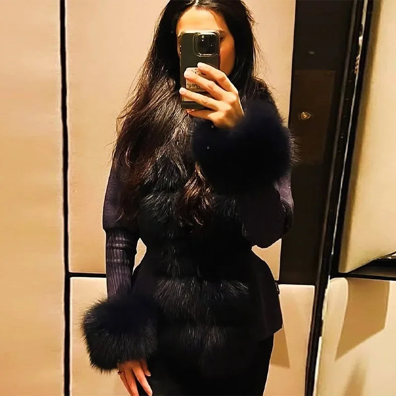 Chic Knitted Faux Fur Patchwork Women's Coat Thicken Warm Lady Coats 2025 Autumn Winter Chic Female Street Outerwears