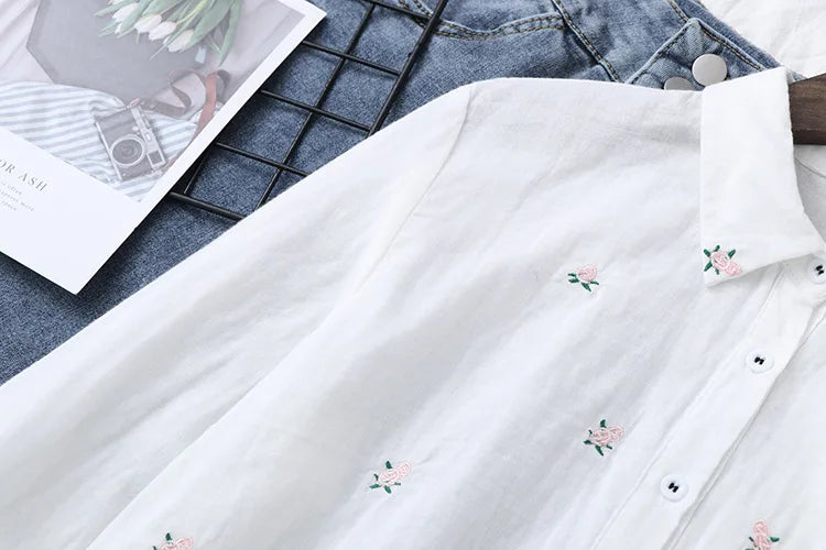 2025 Spring Autumn New Fresh Cotton Yarn Ladies Long Sleeve Shirt Flower Embroidered Women's Casual Shirt Female Blouse Clothes