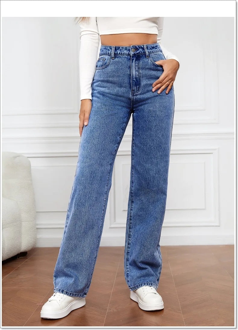 2025 new European and American high-waisted water-washed women's jeans long fashionable and versatile straight-leg pants