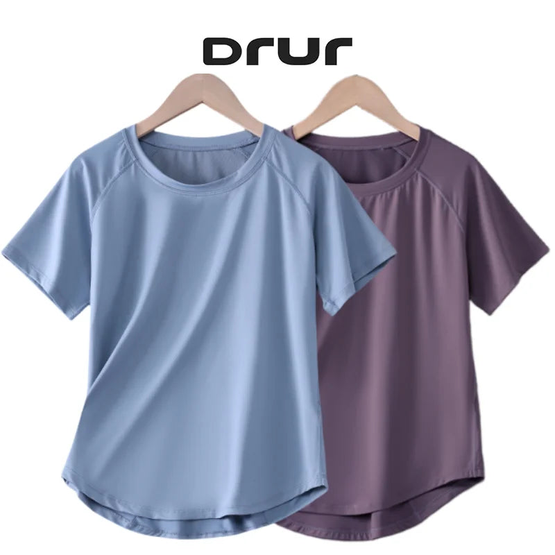 DRUR Women Sports T-shirt Short Sleeve Quick Dry Loose  Compression Shirt Female Summer Fitness Sweatshirt Running Gym Tops New