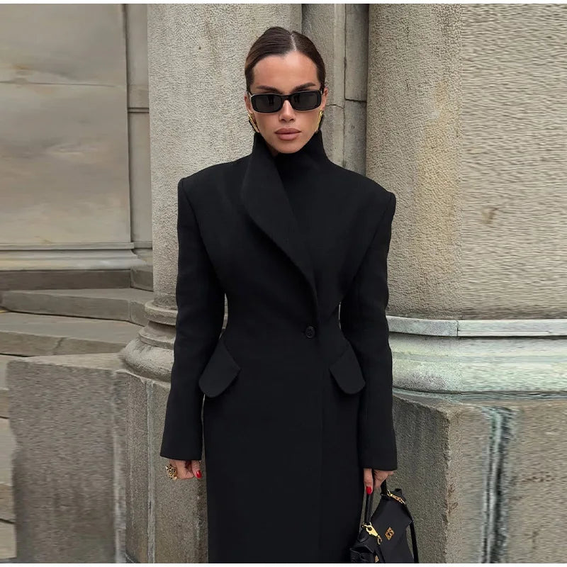 Faux Fur Parka Women Shoulder Pad Slim Waist Long Sleeves One Button Coats Female 2025 Winter Warm Solid Casual Outwears Lady