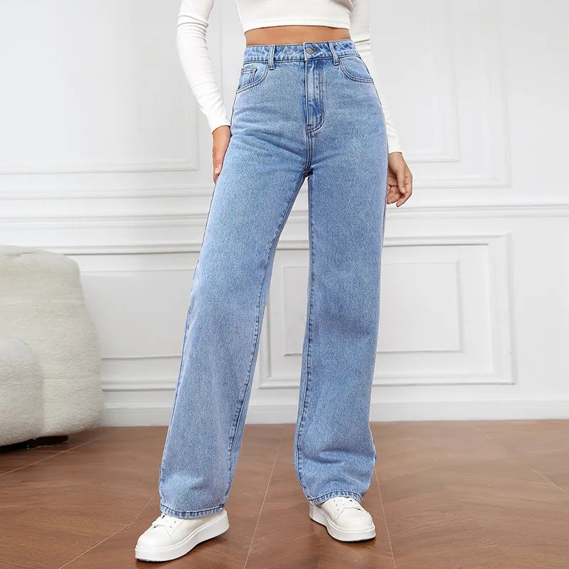 2025 new European and American high-waisted water-washed women's jeans long fashionable and versatile straight-leg pants