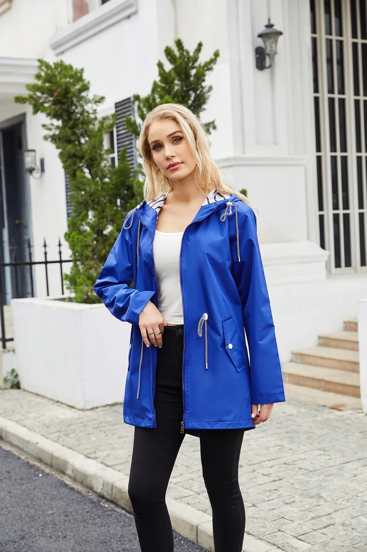 Red Waterproof Hooded Jacket, Women Fashion Casual Coat, Waist Drawstring Tie Zipper Switch Blue Green Yellow Black Windbreaker