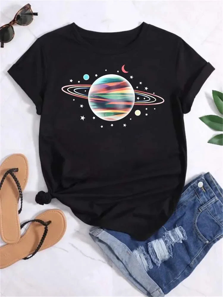 Women Moon Planet Print Fashion Tee Shirts Casual Round Neck Short Sleeve Streetwear Female T-Shirt Vintage Tops