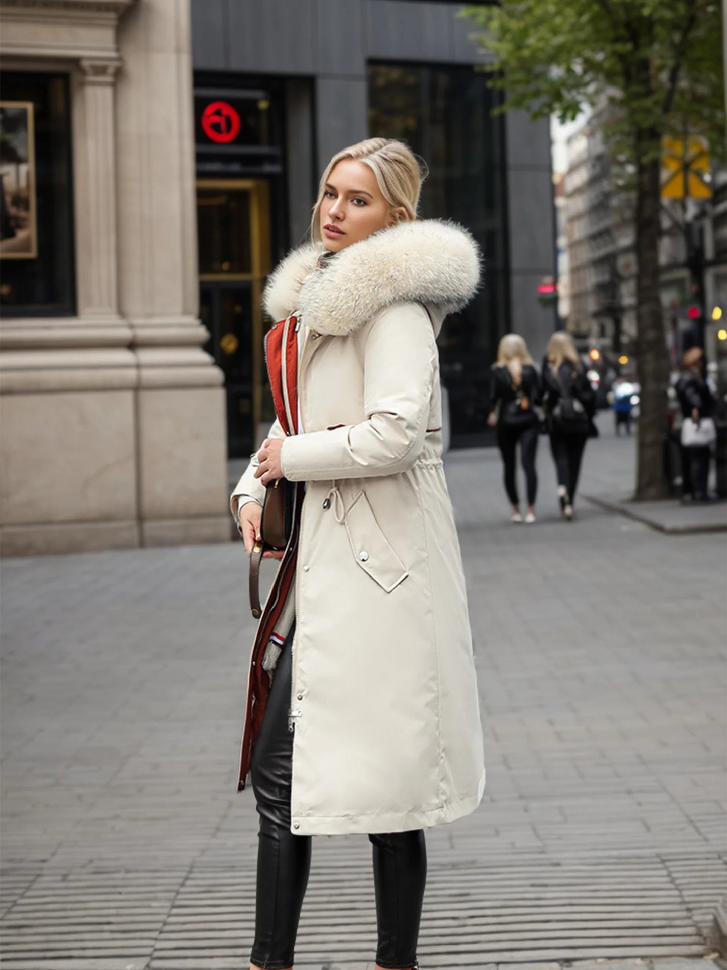 Lady's Winter Parka Coat Solid Color Detachable Faux Fur Trim Slim Fit Female's Padded Coat Thermal Longline Coat For Women