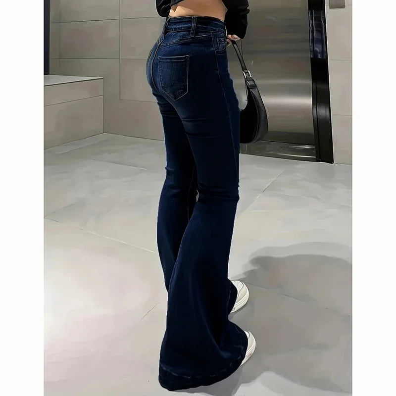 2025 Girls Concise Ins High Waist Flared Jeans Female Stretchy Bootcut Denim Pants Women Solid Color Thin Bell Bottoms Trousers
