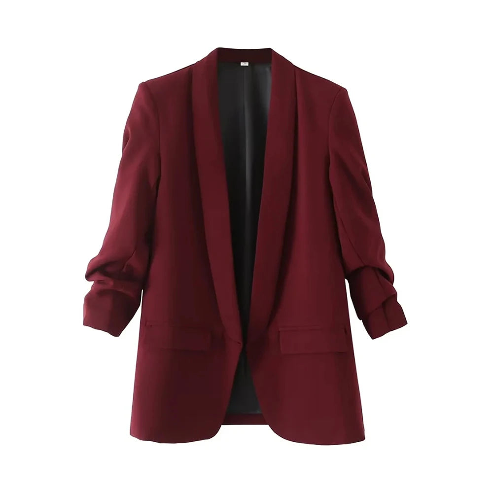Women Fashion Office Wear Open Blazer Coat Vintage Long Pleated Sleeves Flap Pockets Female Outerwear Chic Tops