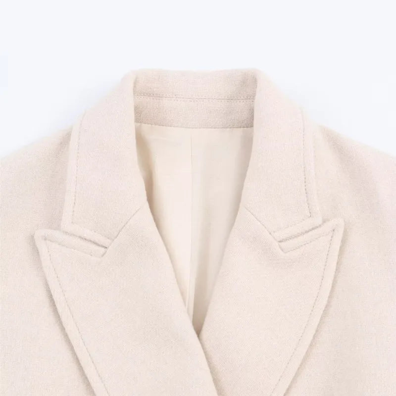 Autumn Women Long Wool Coat with Belt Casual Turn Down Collar Long Sleeve Double-Breasted Outerwear Female Chic Overcoat