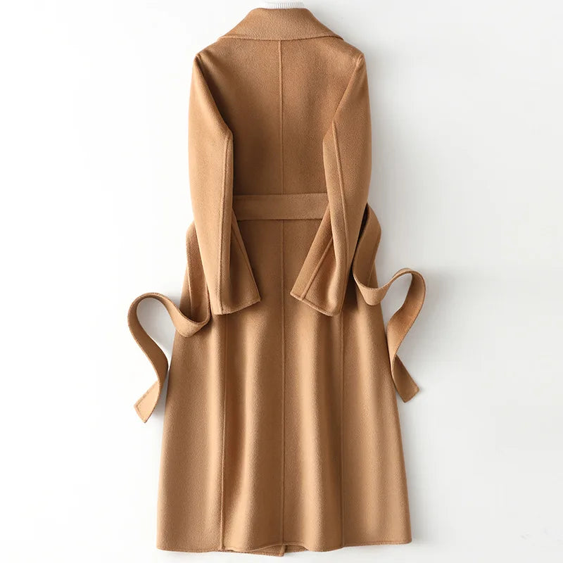 2025 Autumn 100% Wool Coats With Belt Fashion Open Stitch Elegant Woolen Cashmere Coat Veste Femme Tops